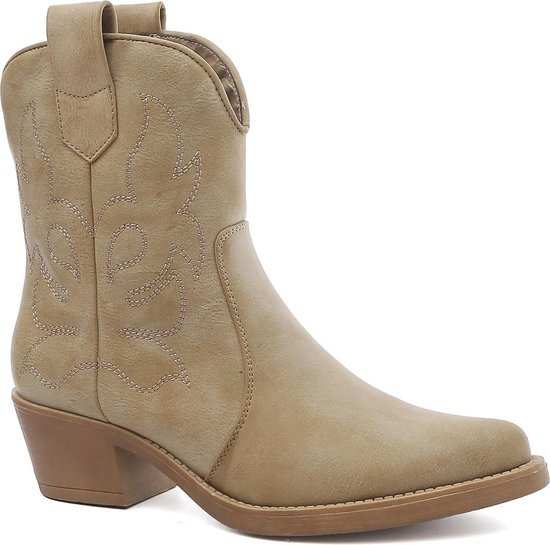 SmileFavorites® Dames Cowboylaarzen met Hak Kort - Khaki - Imitatieleer - Maat 39