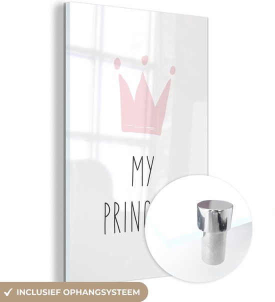 MuchoWow® Glasschilderij 20x30 cm - Acrylglas Schilderij - "My princess" quote & roze kroon - Foto op glas