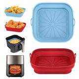 Alyvisun Air Fryer Siliconen Pot, 2 Stuks Airfryer Pan Liners Herbruikbare Heteluchtfriteuse Mand Vierkant Opvouwbare Tray Rack Accessoires Basket voor Magnetron, Oven (Rood+Hemelsblauw)