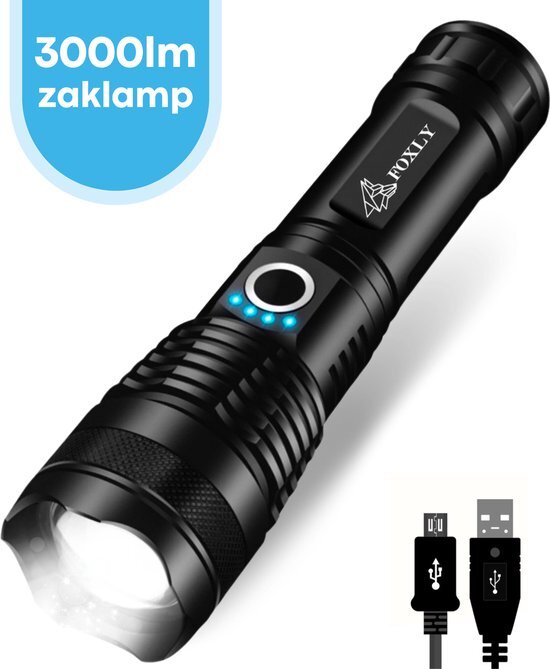 FOXLY Militaire LED Zaklamp PRO (Inclusief Oplader en Batterij) - Opbergdoos - Waterproof - Telescopische Lens - Schokbestendig - 3000 Lumen