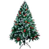 Natuurlijke groene kerstboom met sneeuw en rode bessen, 210 cm, met sneeuw bedekte kerstboom, optionele kerstverlichting, kerstboomdecoratie, 1100 takken