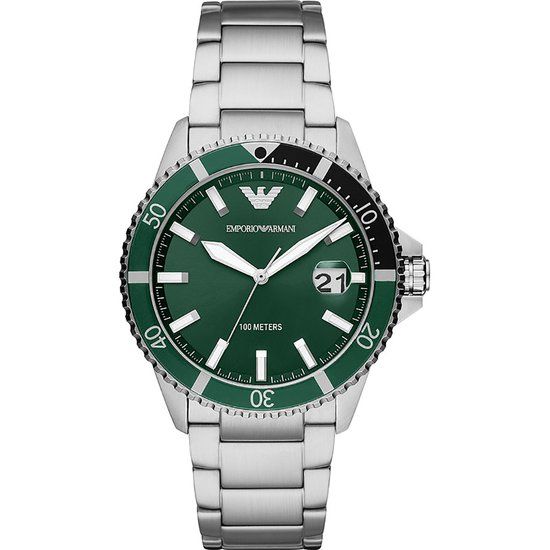 Emporio Armani AR11338 Herenhorloge 42 mm - Zilverkleurig - Groene Wijzerplaat - Stalen Band