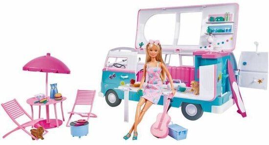 simba Simba 105733523 - Steffi Love Hawaii Camper, pop met opklapbare kampeerder, incl. keuken, lengte 51 cm, pop 29 cm, geschikt voor kinderen vanaf 3 jaar