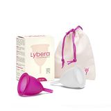 Lybera, Set met 2 menstruatiecopjes, gemaakt in Italië, zacht, veilig, van medische siliconen, milieuvriendelijk, comfortabel, afmetingen 2 x 2 stuks, transparant en fuchsia.