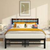 Pangivo Lit 140x200 Cm Avec Led Et Port Usb Lit Double Métal Et Bois Tête De Lit Brun Antique