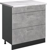 Vicco Keukenonderkast R-Line, Beton/Antraciet, 80 cm met 3 laden marmer werkblad