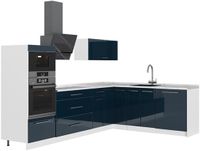 Vicco Hoekkeuken Fame-Line, Donkerblauw hoogglans/Wit, 287 x 207 cm zonder werkblad