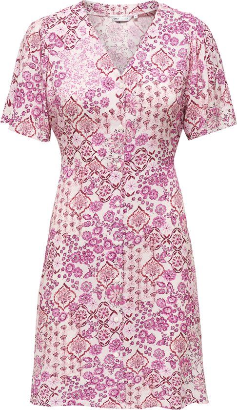 ONLY - ONLEVIDA S/S SHORT DRESS WVN NOOS - Dames - Mini jurk - Viscose - Korte mouw - V-hals - Gebloemd - Roze