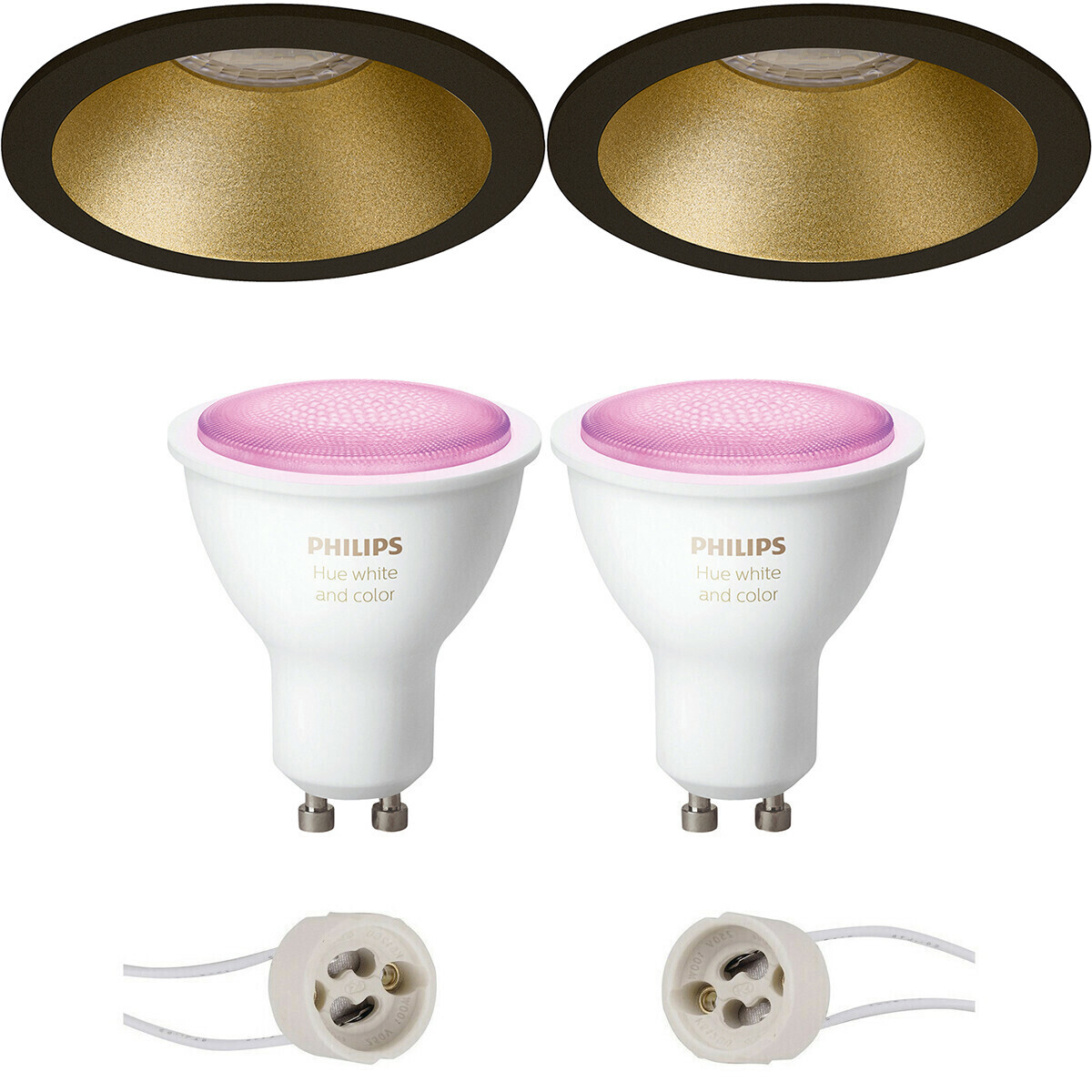 BES LED Pragmi Pollon Pro - Inbouw Rond - Mat Zwart/Goud - Verdiept - Ø82mm - Philips Hue - LED Spot Set GU10 - White and Color Ambiance - Bluetooth
