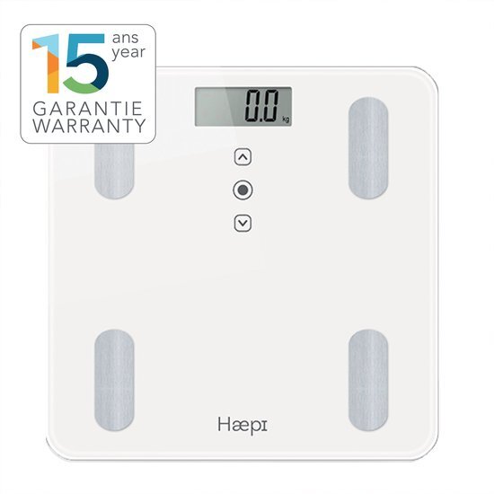 Haepi - Lichaamsanalyse van glas (vetmassa, botmassa, spiermassa, watermassa), BMI en Kcal, design en nauwkeurig, batterijen meegeleverd