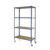 Simon Rack Metalen stelling met wielen 1575x900x400 mm - Maderclick | 4 niveaus, Houten legbord, 75 kg buigbelasting, Corrosiewerende coating, Montage met kliksysteem, Blauw