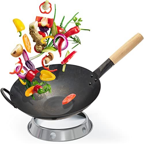 Flavemotion Wok [voorgebrand] + wokring voor inductie, e-fornuis (platte bodem, 30 cm) handgehamerde wok van koolstofstaal incl. wokring om neer te zetten