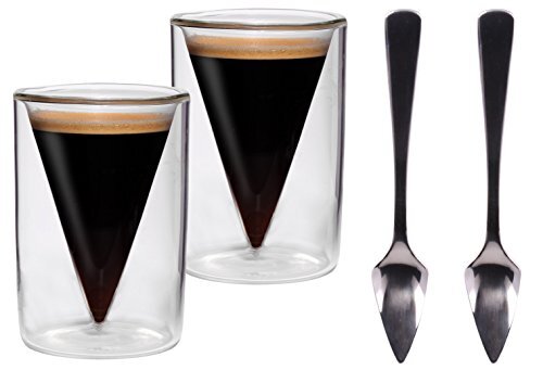 Monkey King - lifestyle products by Feelino Feelino, 2 x 70 ml puntglazen + 2 stuks puntige lepels/set van 2 70 ml dubbelwandige espresso- en borrelglazen in puntglasdesign met zweefeffect + 2 x "Pressochini" puntelepel, ideaal voor espresso, schnaps, likeur en grappa, spikey