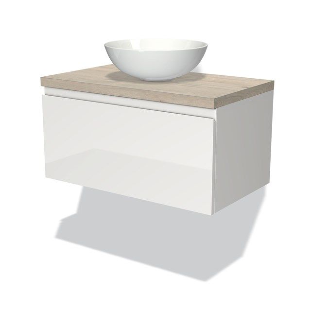 Maxaro Badkamermeubel Modulo Plato 80cm Hoogglans Wit 1 Lade Greeploos Lichtgrijs Eiken Blad