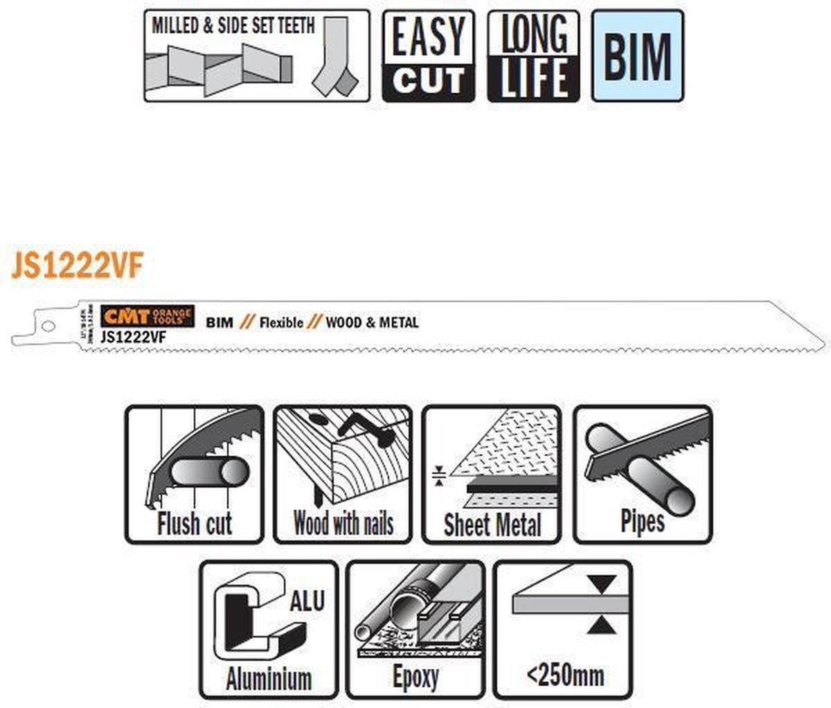 CMT js1222vf-5 - Sabre Saw Blades - Wood/Metal (BIM) - 300 x 1.8-2.6 mm - 10-14 TPI - 5 Pieces