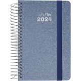 Grafoplás Dagplanner A6 2024 Spaans 10,5 x 16,5 cm hardcover gemetalliseerde stoffen bekleding elastische sluiting Arctic Blue serie Metallic