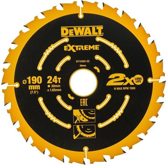 DeWalt DT10304 Extreme Cirkelzaagblad - 190 x 30 x 24T - Hout (Met nagels)