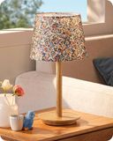 EDISHINE lampe de nuit avec base en bois massif, abat-jour en tissu avec imprimé floral vintage, lumière blanc chaud 2700K, lampe de table LED avec douille E27 pour la chambre à coucher