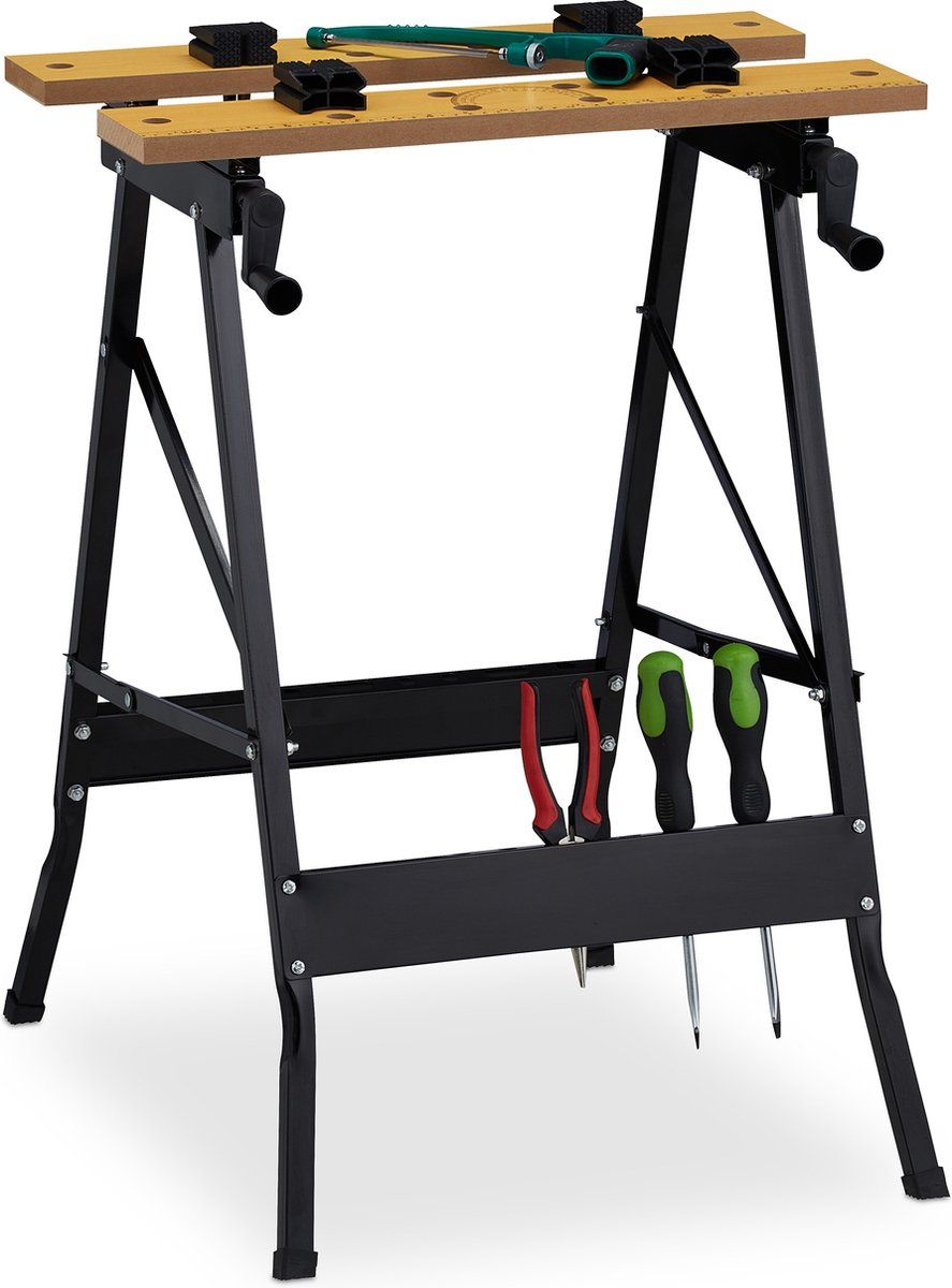Relaxdays Werkbank Inklapbaar - Werktafel - Met Klemmen - Verplaatsbaar - Natuur/Zwart