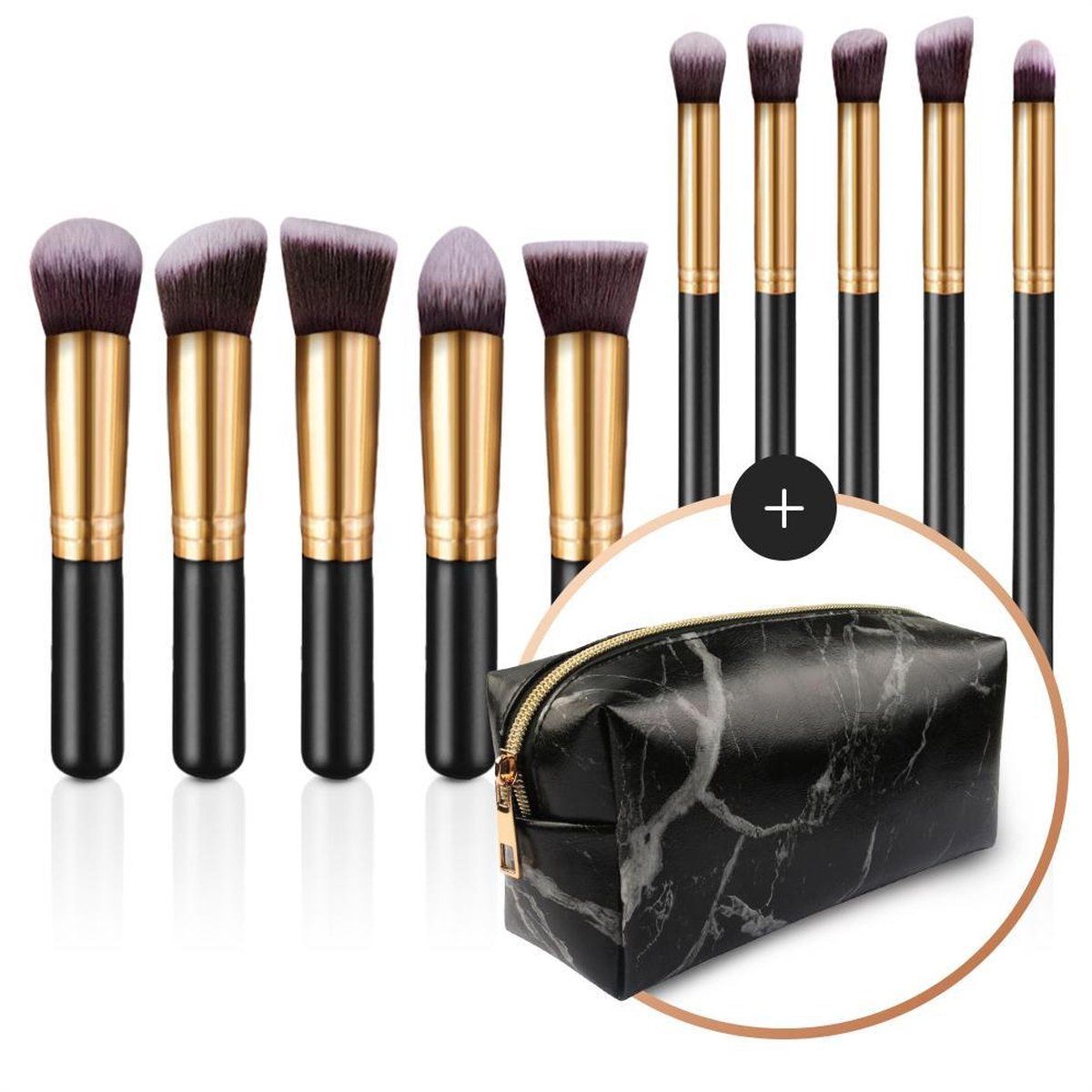 Evvie make-up kwasten set - 10 stuks - Zwart-Goud - Marble etui
