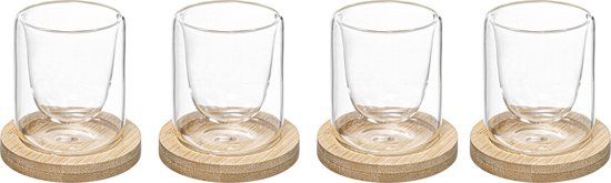 Secret de Gourmet Espresso Kopjes Set - 4 stuks - Dubbelwandig - 8 cl - Met Bamboe Onderzetters - Cadeauverpakking