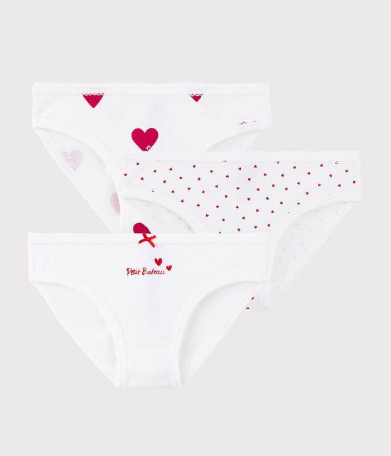 Petit Bateau Set van 3 katoenen meisjesslips met hartjes - Wit/Rood + Wit/Rood + Wit - Maat 10A