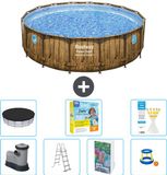 Bestway Rond Power Steel Swim Vista Zwembad - Houtprint - 488 x 122 - Inclusief Pomp - Ladder - Afdekzeil - Onderhoudspakket - Speelgoed - 8-delig