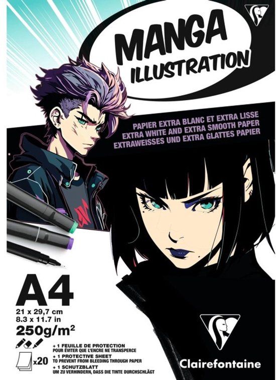 Clairefontaine 976163C Gelijmd Blok Manga Illustratie Papier A4 21x29,7 cm 250g - 20 Vellen Wit Tekenpapier Extra Glad