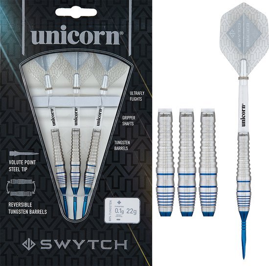 Unicorn SWYTCH Darts met stalen punt, blauw, uniseks, zilver, 22 g
