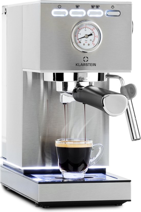 Klarstein Pausa Espressomaker 1,4L - Volautomatische espressomachine 1350 watt en 20 bar - Koffiezetapparaat - Gemalen koffie en pads zilver