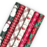 Hallmark Rustiek recyclebaar kerstinpakpapier (6 rollen: 180 vierkante voet totaal) rood, wit en jagergroen plaid, kerststerren, sneeuwvlokken, vrolijk kerstfeest, "Sneeuwpop, kerstman