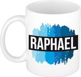 Bellatio Decorations Raphael naam cadeau koffie mok - beker - met blauw verfstrepen - Cadeau collega - vaderdag - verjaardag - meester - coach - 300 ml - wit
