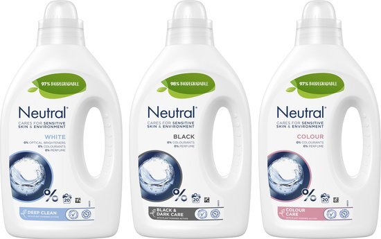 Neutral Neutral Wasmiddel Pakket parfumvrij en hypoallergeen Wit + Zwart + Kleur zorgt voor de gevoelige huid &#233;n voor het milieu (1+1+1) x 20 wasbeurten