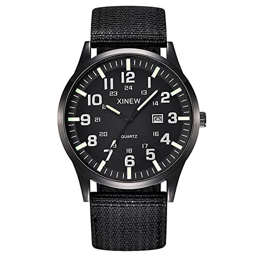 KDFJ Mannen Horloge Jongen Ronde Wijzerplaat Nylon Band Band Militaire Datum Quartz Polshorloge Gift Mode Street Style Horloge Waterdicht Mannen Klok-zwart