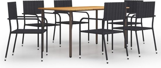 The Living Store Tuinset Acaciahout - Staal - 150 x 90 x 72 cm - Zwart PE-rattan - Stapelbare stoelen - Montage vereist - 1 tafel - 6 stoelen