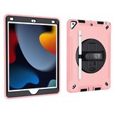 Case voor iPad 10.2 Inch 9e/8e/7e generatie 2021/2020/2019 met 3-in-1 ontwerp, Minimalistische schokbestendige hoes met pen opknoping en 360 graden draaibare standaard polsband, Lichtroze