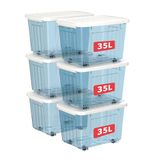 Cetomo 35L x 6 plastic opbergdozen met wielen, opbergdoos met deksel met veilige zijvergrendelingen, PP nestbare en stapelbare doorzichtige organizer voor thuis, kantoor, verhuizen, transparant blauw