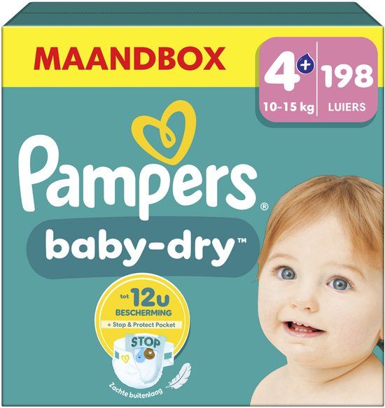 Pampers Baby-Dry Maat 4+ maandbox - 198 luiers - 10kg-15kg