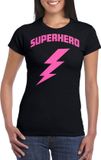 Bellatio Decorations Verkleed T-shirt voor dames - Superheld - Zwart/Roze - Maat M