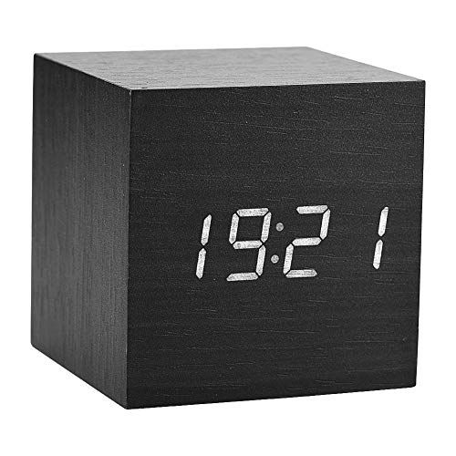 Zerone Digitale led-wekker, houten klok voor slaapkamer moderne houten kubus klok 3 niveaus helderheid temperatuur display met spraakbediening (zwart)