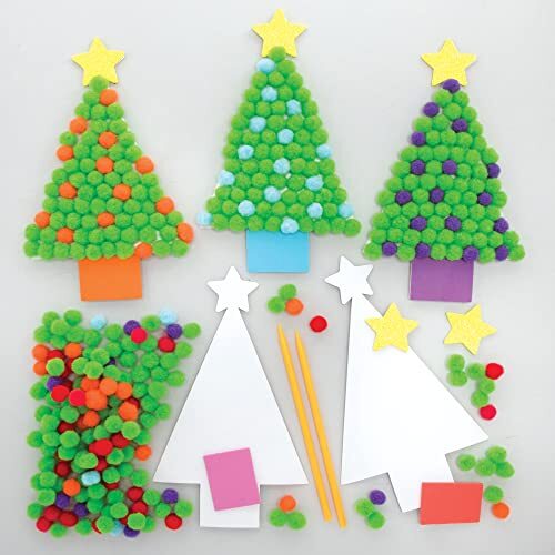 Baker Ross FE903 Kerstboom Pom Pom Knutselspullen - Set van 5, ontwerp je eigen kerstversieringen, Pom Pom decoraties voor kinderen om te maken, versieren en tentoonstellen