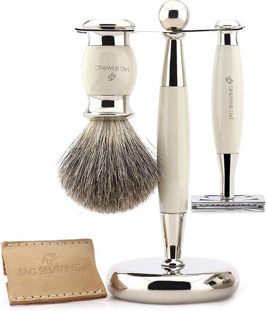 Jag Shaving Ivoor heren scheerset Double Edge Safety Razor met lederen tas, super originele haarborstel en standaard Perfecte cadeauset voor mannen