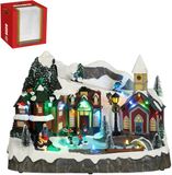 Luville Kerstdorp Miniatuur Dorpsplein - Kerstversiering met Schaatsende Bewoners - Kerst Decoratie met LED-verlichting en Draaiende Figuren - L34 x B18 x H24 cm - Wit