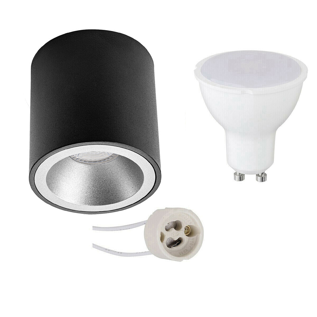 BES LED Voordeelset Opbouwspot Set - Pragmi Cliron Pro - GU10 Fitting - Opbouw Rond - Mat Zwart/Zilver - 6W - Helder/Koud Wit 6400K - Verdiept - Ã˜90mm