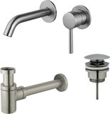 Fortifura Calvi Wastafelkraanset - inbouw wastafelkraan - klikwaste plug - verlaagde design sifon - PVD - geborsteld RVS
