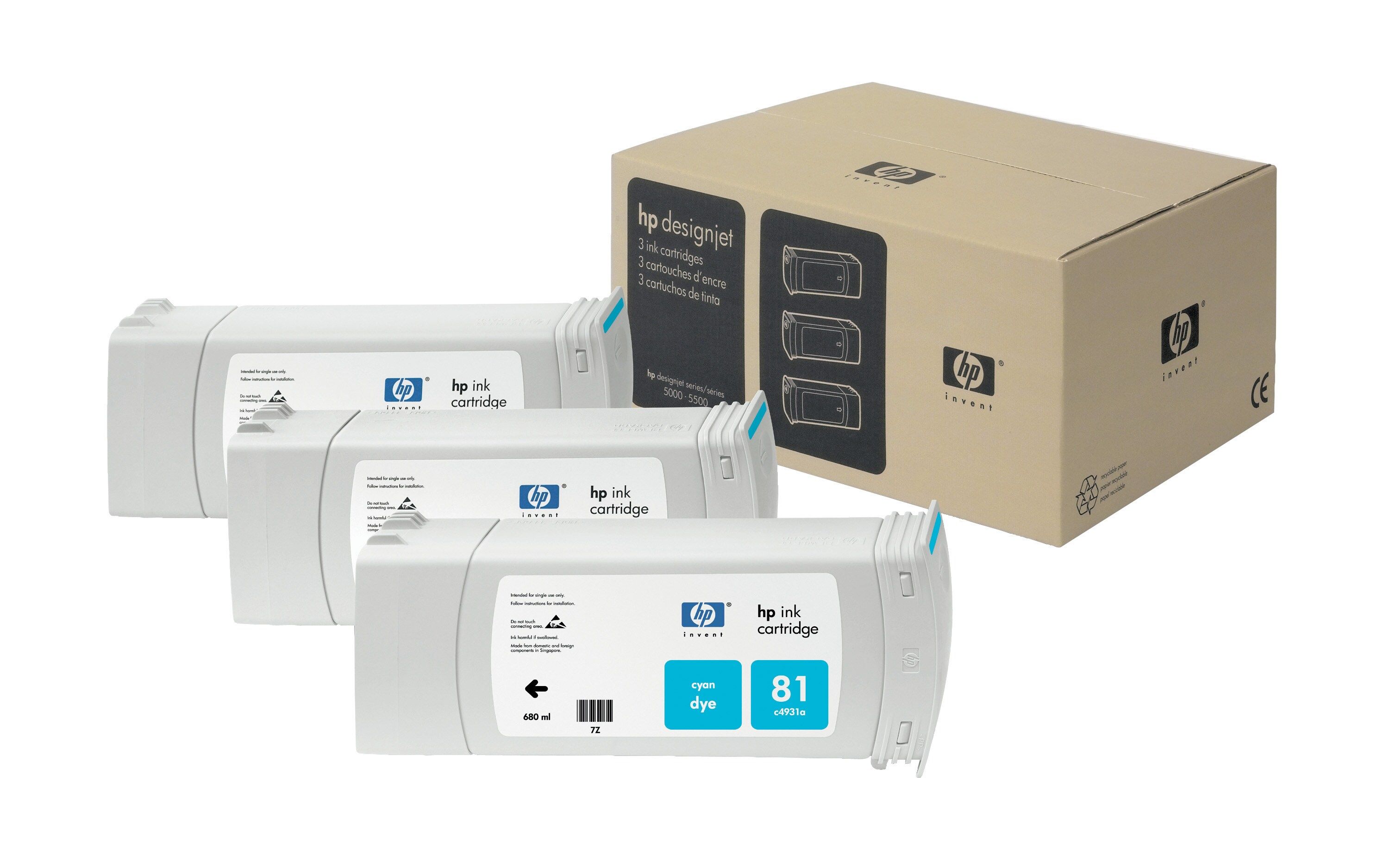 HP 81 3-pack Cyan DesignJet Dye Ink Cartridges - 680ml
