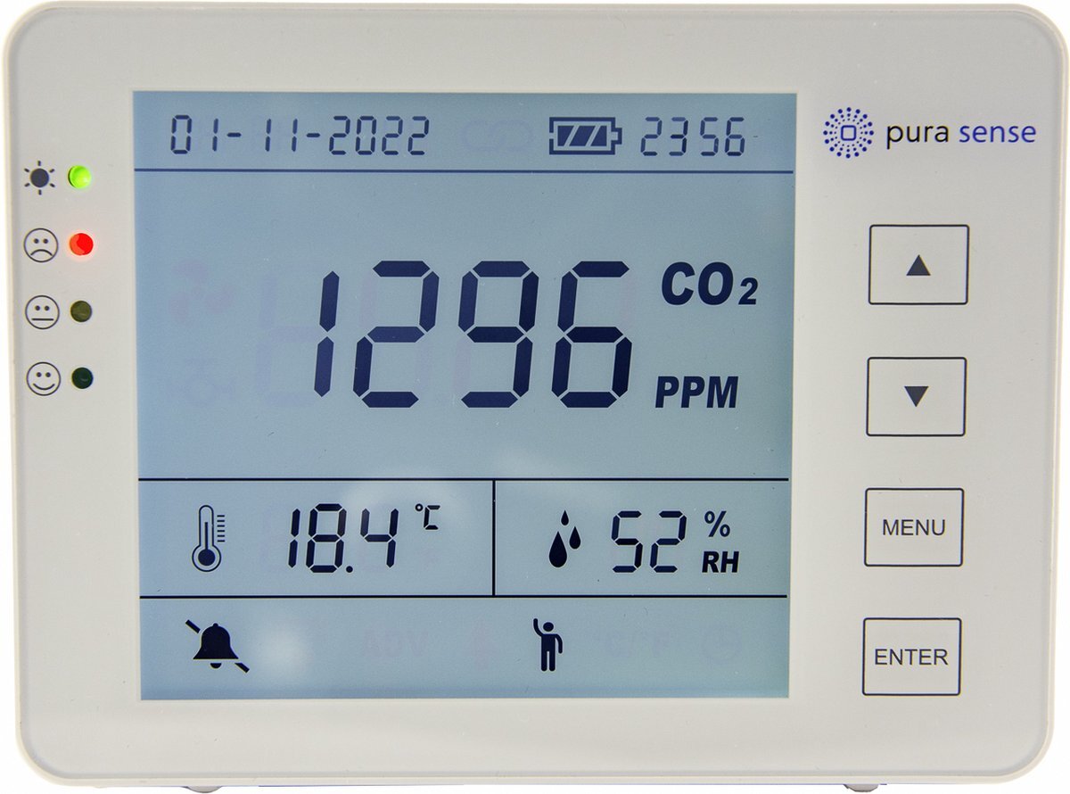 Pura Sense Pura Sense-PS3000-CO2 Meter-Luchtkwaliteitsmeter voor Scholen-Kooldioxide-Detector-CO2 Melder-Luchtvochtigheid-Temperatuur-