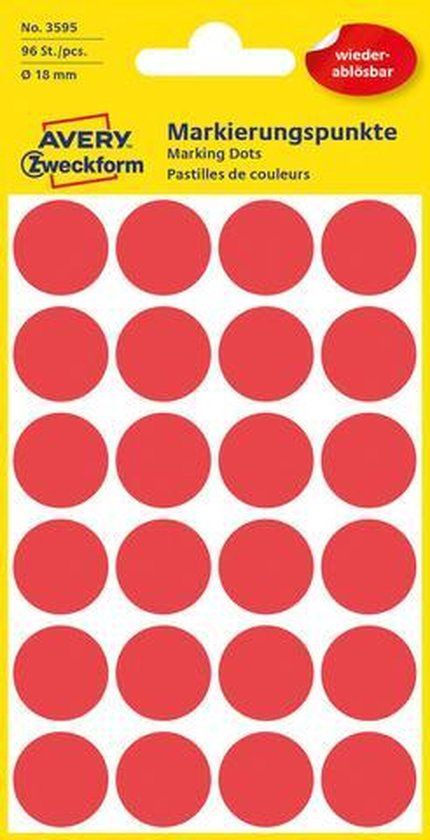 Avery Etiket Zweckform 18mm rond blister 4 vel a 24 et. rood Non-permanent