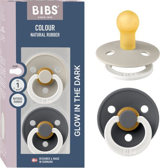 BIBS Colour Glow Speen verpakking van 2 stuks. BPA-vrij, Ronde speen. Natuurlijk rubberlatex, Gemaakt in Denemarken, Maat 1 (0-6 maanden), Sand Glow / Iron Glow