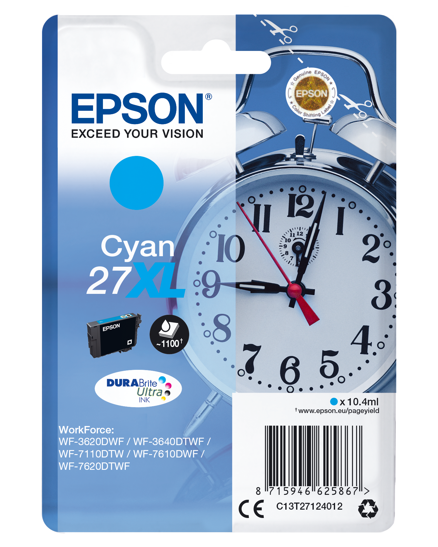 Epson Alarm clock Singlepack Cyan 27XL DURABrite Ultra Ink single pack / cyaan